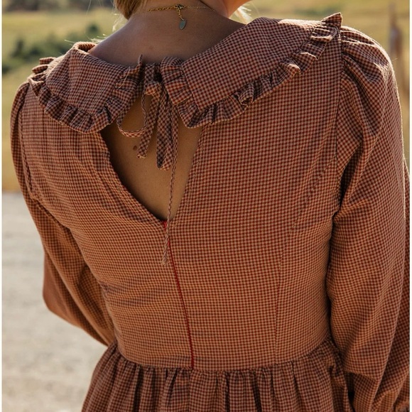 Roolee Rust Brown Ruffled Collar Midi Dress - Picture 2 of 4